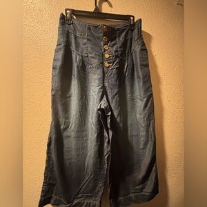 High-Waisted Denim Pants with Gold Buttons